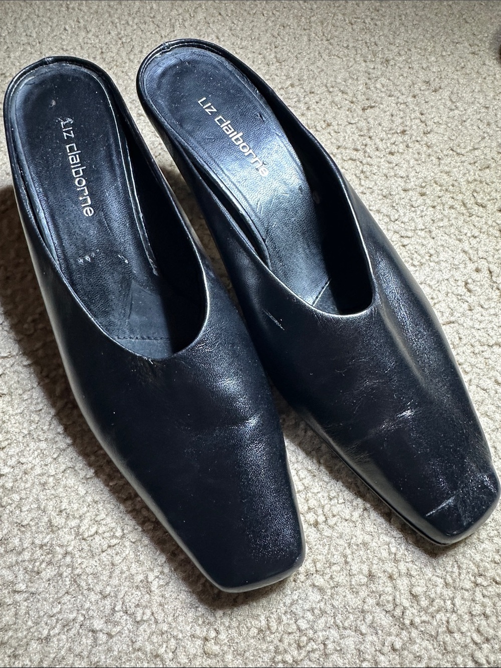 Liz Claiborne Black Square-Toe Leather Slip-On Mules vintage y2k